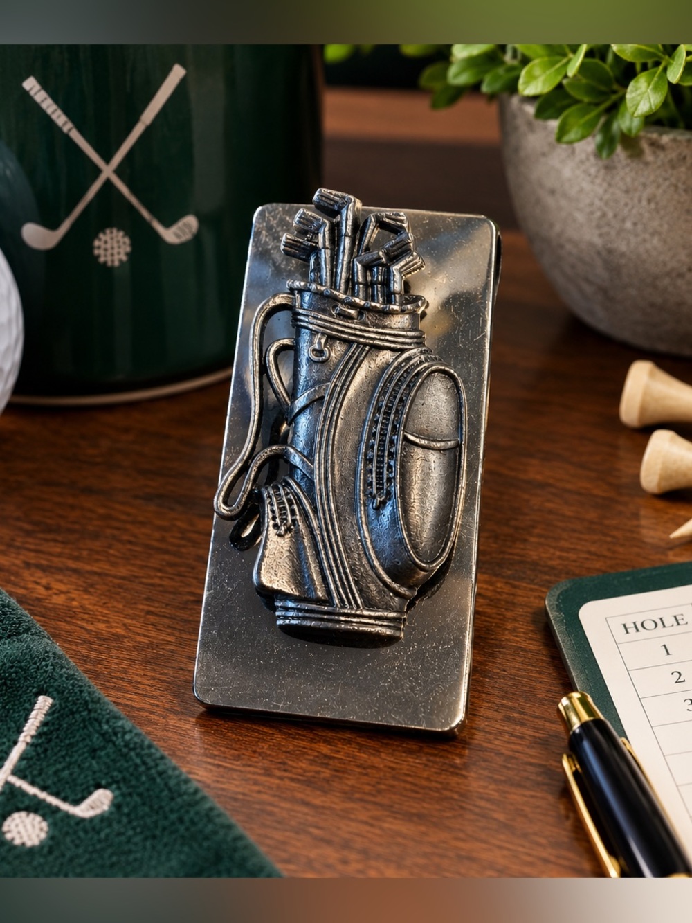 Vintage Pewter Golf Bag Memo Clip Desk Paperweight Office Decor Gift 38667